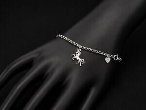 925 Sterling Silver Unicorn Charm Bracelet 7.5” Rolo Chain Heart Tag